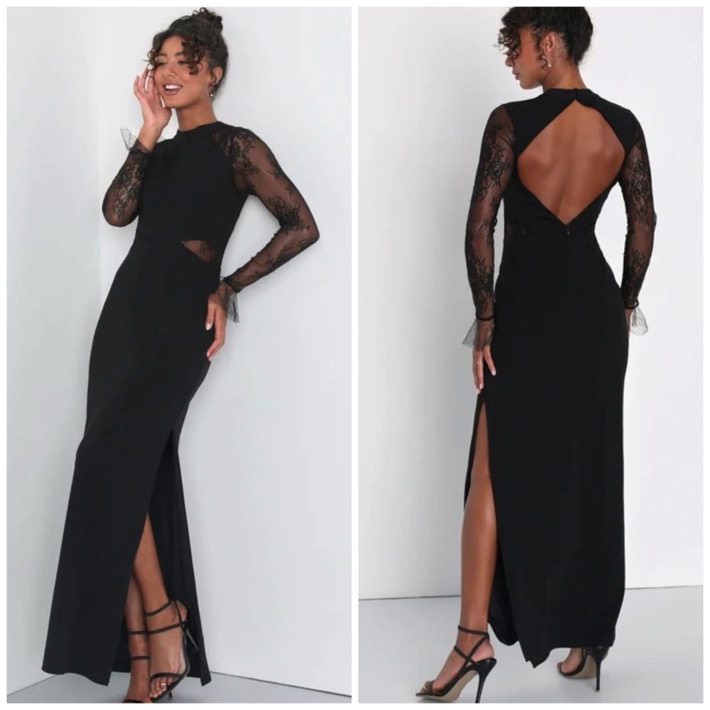 Lulus Bragging Rights Black Lace Long Sleeve Column Maxi Dress Open Back Size M